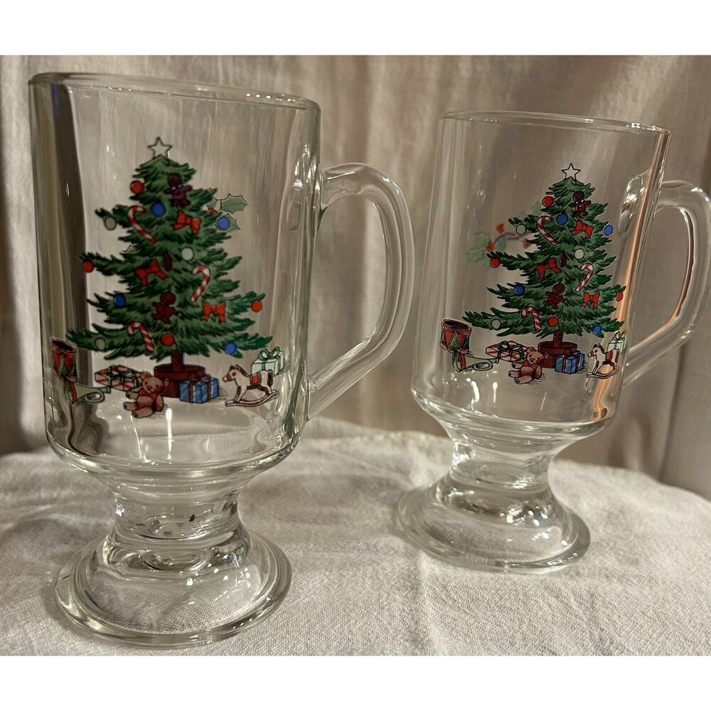 Vintage Sabin Luminarc Vintage Christmas Tree and Holly Glass Mugs - Set of Two